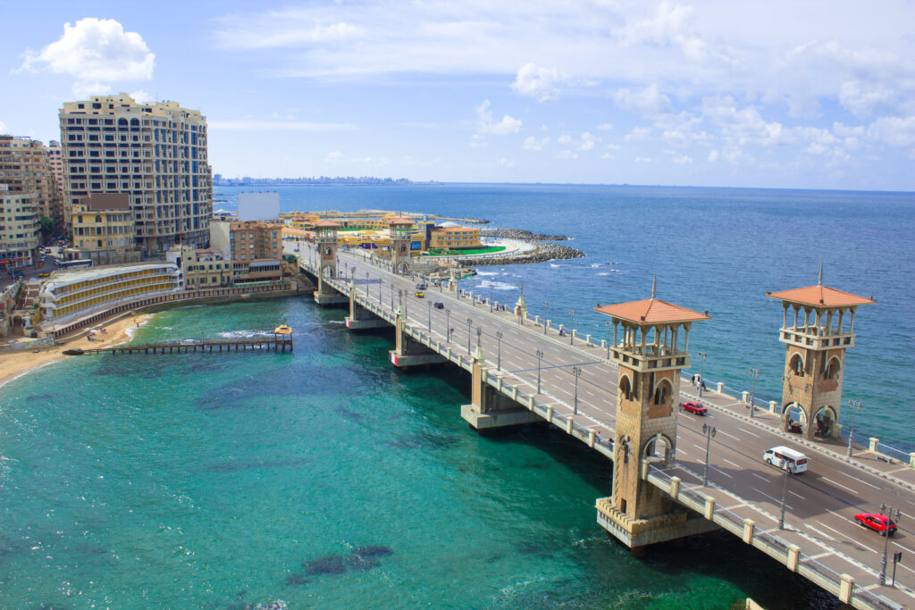 stanley bridge in a beautiful sunny winter day with the background of the mediterranean sea and the streets and beautiful beaches of alexandria, egypt